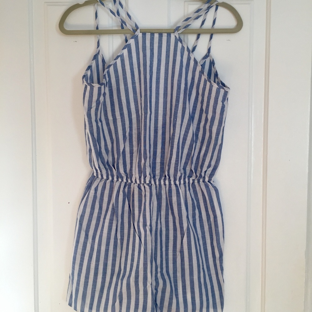 Blue and White Pinstripe Romper with Open Back